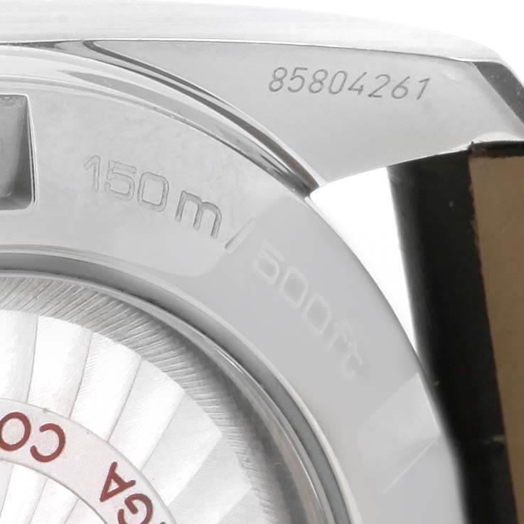 This image shows a close-up of the case back and the water resistance marking (150m / 500ft) of the Omega Aqua Terra 231.13.42.21.02.003 Men
s Stainless Steel Silver Dial 231.13.42.21.02.003 Men
s Stainless Steel Silver Dial watch.