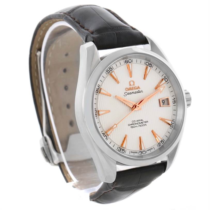 The image shows an Omega Aqua Terra 231.13.42.21.02.003 Men
s Stainless Steel Silver Dial 231.13.42.21.02.003 Men
s Stainless Steel Silver Dial model watch, angled to display the dial, case, crown, and leather strap.