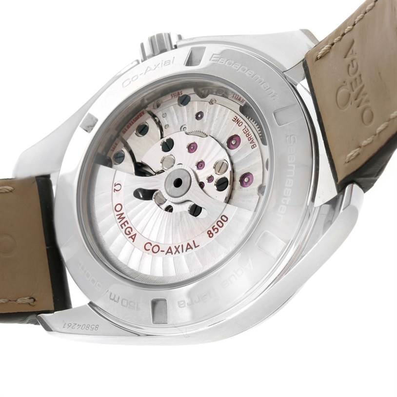 The image displays the back of the Omega Aqua Terra 231.13.42.21.02.003 Men
s Stainless Steel Silver Dial 231.13.42.21.02.003 Men
s Stainless Steel Silver Dial watch, showcasing its Co-Axial 8500 movement through a transparent caseback.