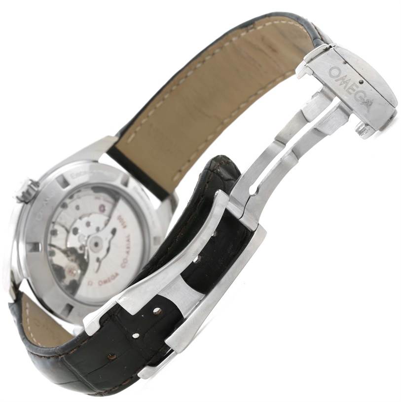 The image shows the backside and clasp of the Omega Aqua Terra 231.13.42.21.02.003 Men
s Stainless Steel Silver Dial 231.13.42.21.02.003 Men
s Stainless Steel Silver Dial watch, featuring its open movement and black leather strap.