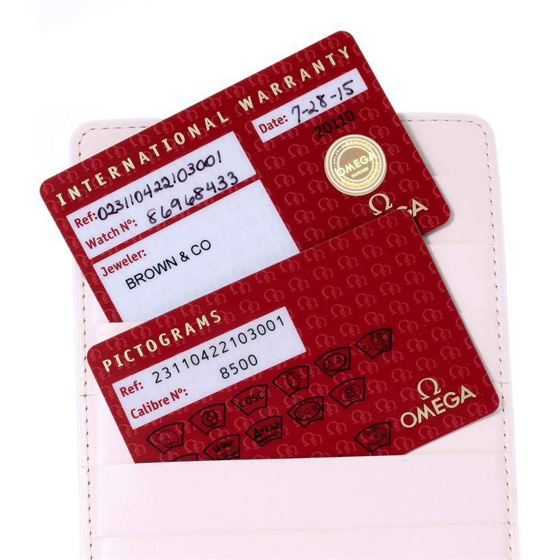 This image shows the international warranty and pictogram cards for an Omega Aqua Terra 231.10.42.21.03.001 Men
s Stainless Steel Silver Dial 231.10.42.21.03.001 Men
s Stainless Steel Silver Dial watch.