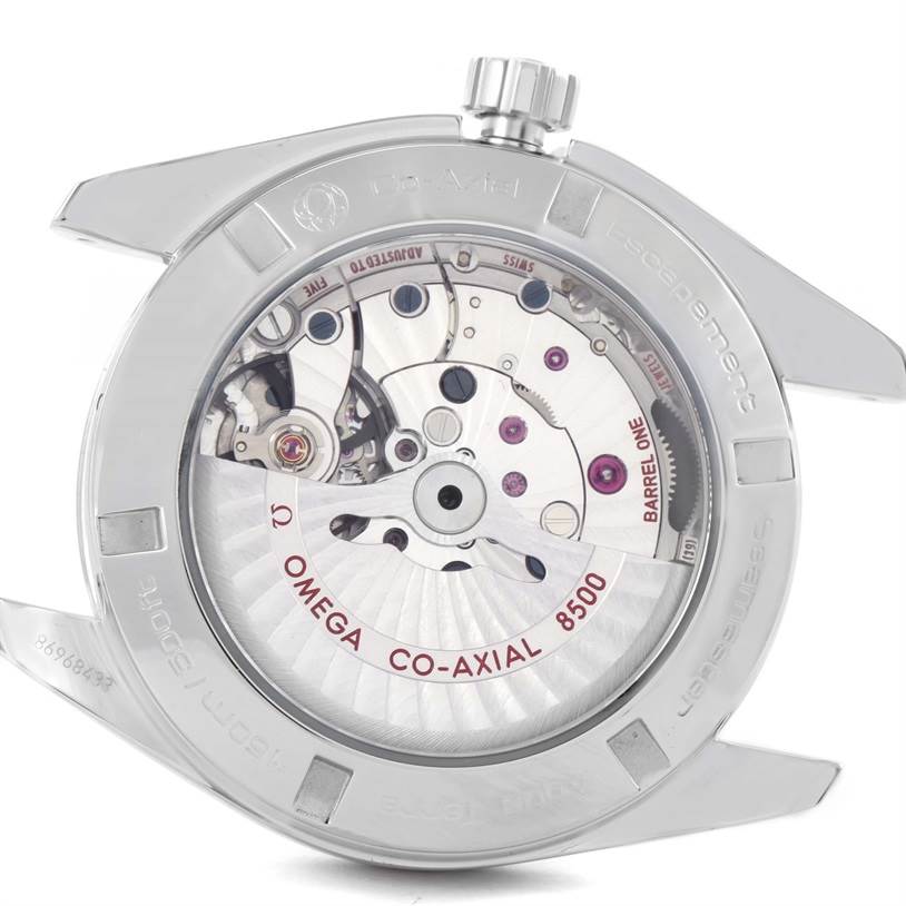 The image shows the back view of the Omega Aqua Terra 231.10.42.21.03.001 Men
s Stainless Steel Silver Dial 231.10.42.21.03.001 Men
s Stainless Steel Silver Dial watch, displaying its co-axial 8500 movement.