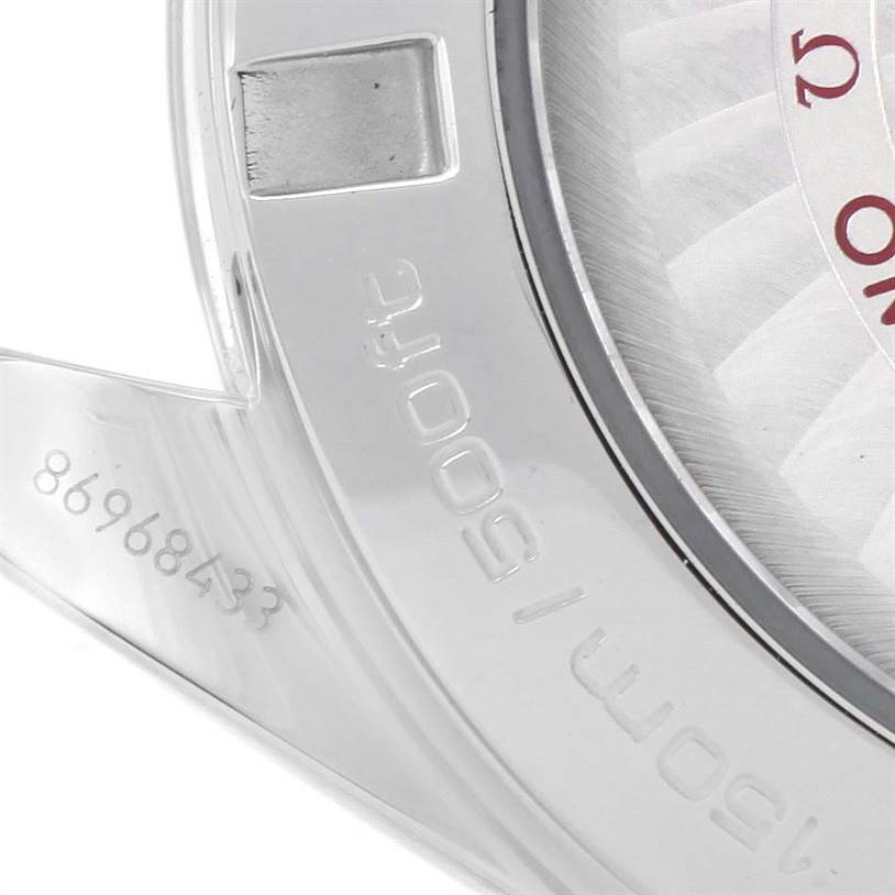 This image shows a close-up of the case back of an Omega Aqua Terra 231.10.42.21.03.001 Men
s Stainless Steel Silver Dial 231.10.42.21.03.001 Men
s Stainless Steel Silver Dial watch, revealing the model
s depth rating and part of the serial number.
