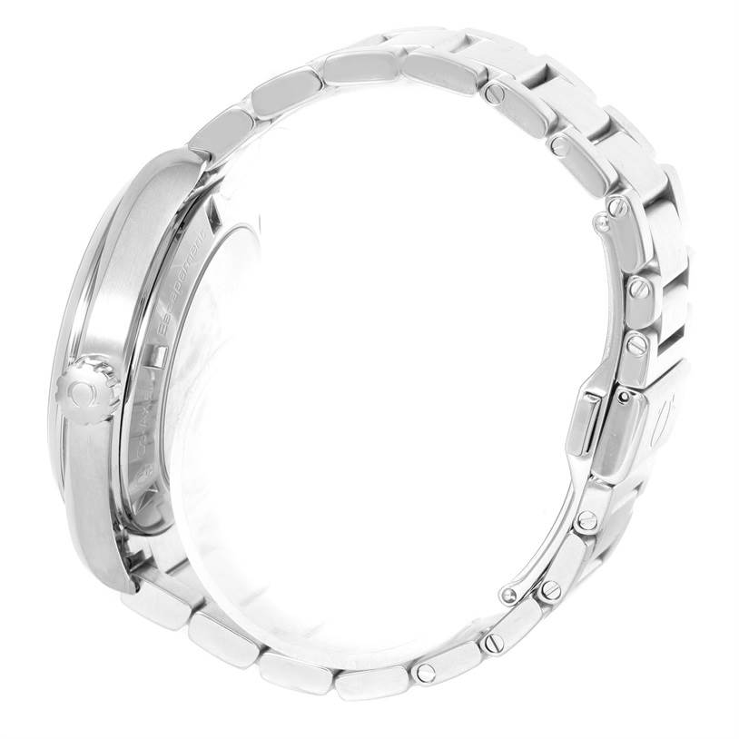 The side view of the Omega Aqua Terra 231.10.42.21.03.001 Men
s Stainless Steel Silver Dial 231.10.42.21.03.001 Men
s Stainless Steel Silver Dial watch shows the case thickness, crown, and bracelet.