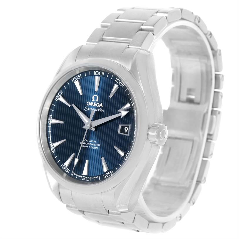 The Omega Aqua Terra 231.10.42.21.03.001 Men
s Stainless Steel Silver Dial 231.10.42.21.03.001 Men
s Stainless Steel Silver Dial watch is shown from a front-left angle, highlighting its blue dial, crown, and metal bracelet.