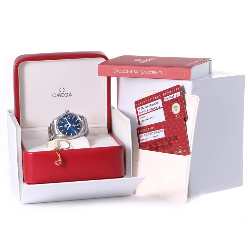 The Omega Aqua Terra 231.10.42.21.03.001 Men
s Stainless Steel Silver Dial 231.10.42.21.03.001 Men
s Stainless Steel Silver Dial watch is displayed inside an open box with accompanying manual, warranty cards, and a cardholder.