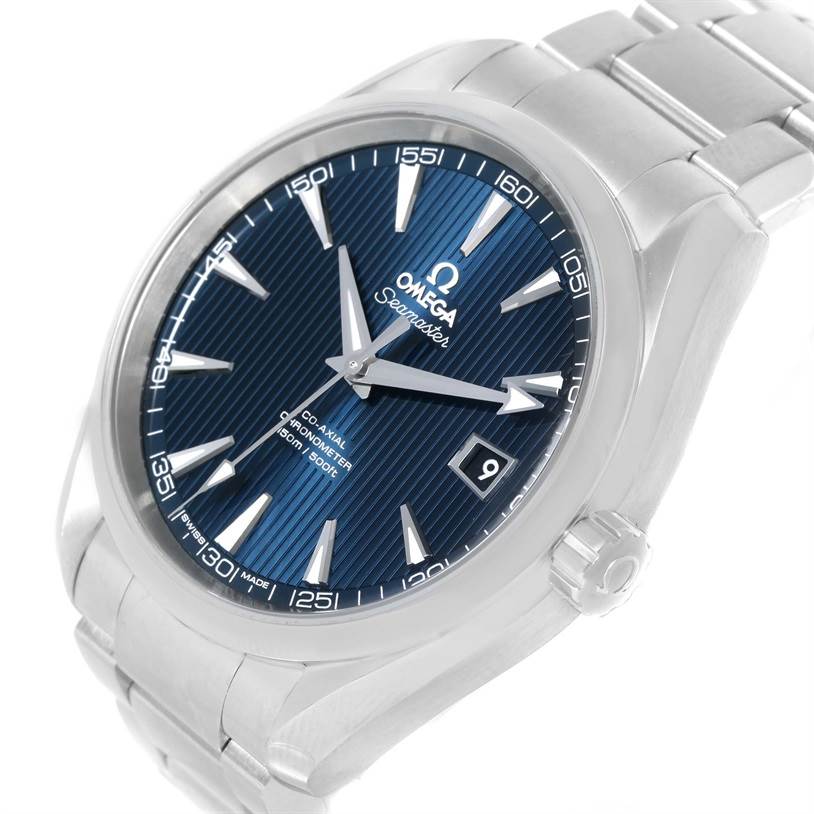 The image shows an angled view of the Omega Aqua Terra 231.10.42.21.03.001 Men
s Stainless Steel Silver Dial 231.10.42.21.03.001 Men
s Stainless Steel Silver Dial with a blue textured dial, steel bracelet, and visible date window.