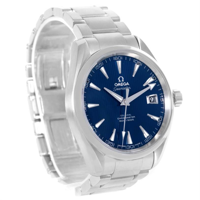The Omega Aqua Terra 231.10.42.21.03.001 Men
s Stainless Steel Silver Dial 231.10.42.21.03.001 Men
s Stainless Steel Silver Dial watch is shown from a three-quarter angle, displaying its blue dial, stainless steel case, and bracelet.