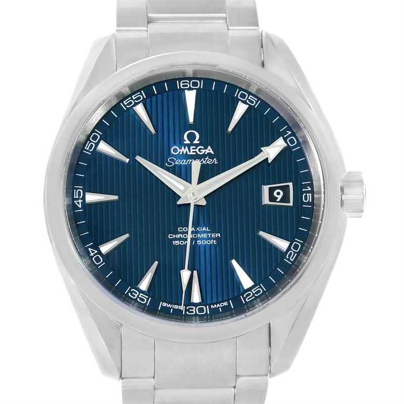 The Omega Aqua Terra watch is shown from the front, displaying the face, hands, date window, and part of the bracelet.