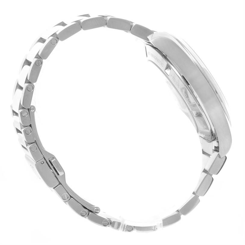 This image shows a side view of the Omega Aqua Terra 231.10.42.21.03.004 Men
s Stainless Steel Blue Dial 231.10.42.21.03.004 Men
s Stainless Steel Blue Dial watch, focusing on the bracelet and the thickness of the case.