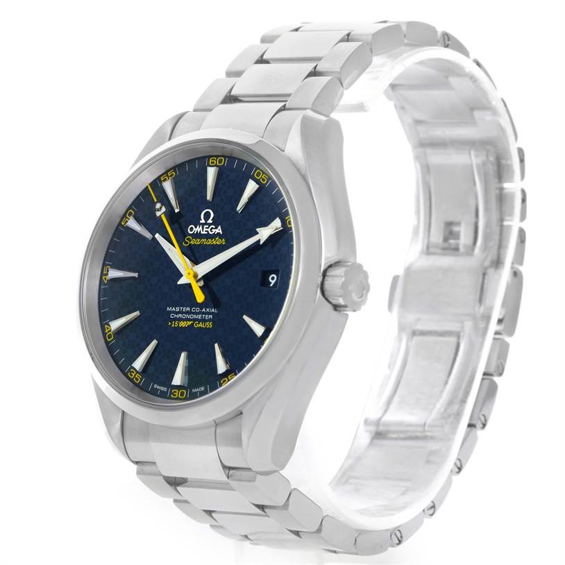 The Omega Aqua Terra 231.10.42.21.03.004 Men
s Stainless Steel Blue Dial 231.10.42.21.03.004 Men
s Stainless Steel Blue Dial watch is shown at a 3/4 angle, highlighting the face, bezel, crown, and part of the bracelet.