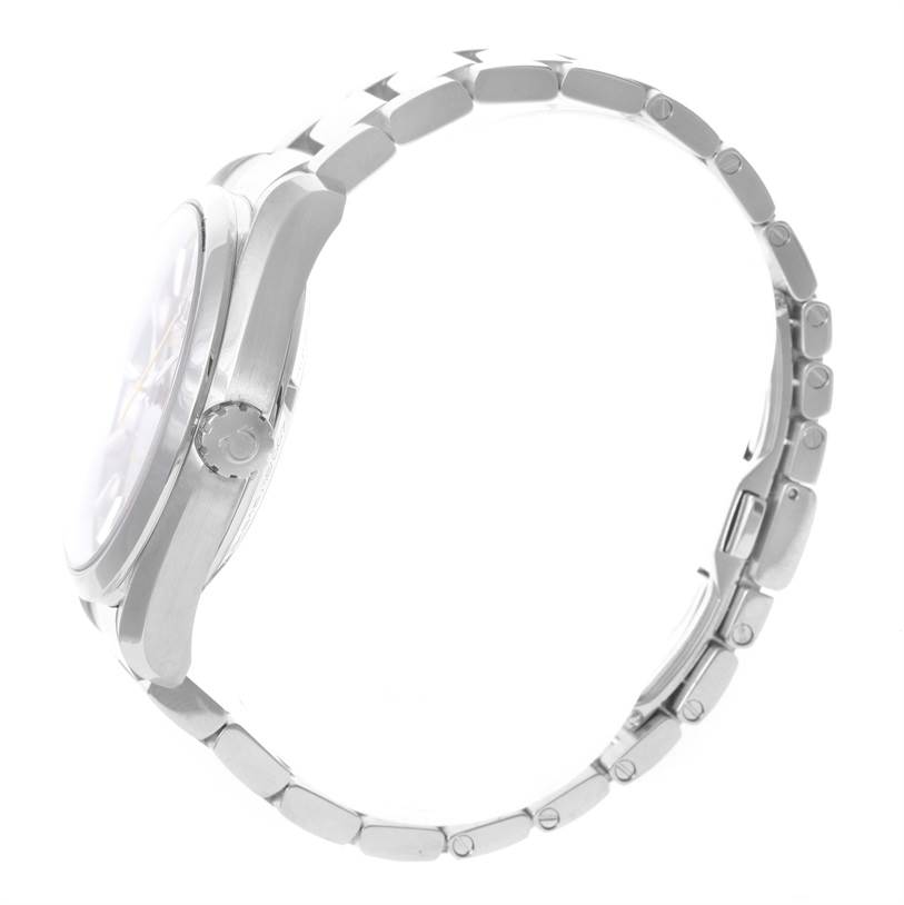 The image shows a side profile of an Omega Aqua Terra 231.10.42.21.03.004 Men
s Stainless Steel Blue Dial 231.10.42.21.03.004 Men
s Stainless Steel Blue Dial watch, displaying its stainless steel case, bracelet, and crown.