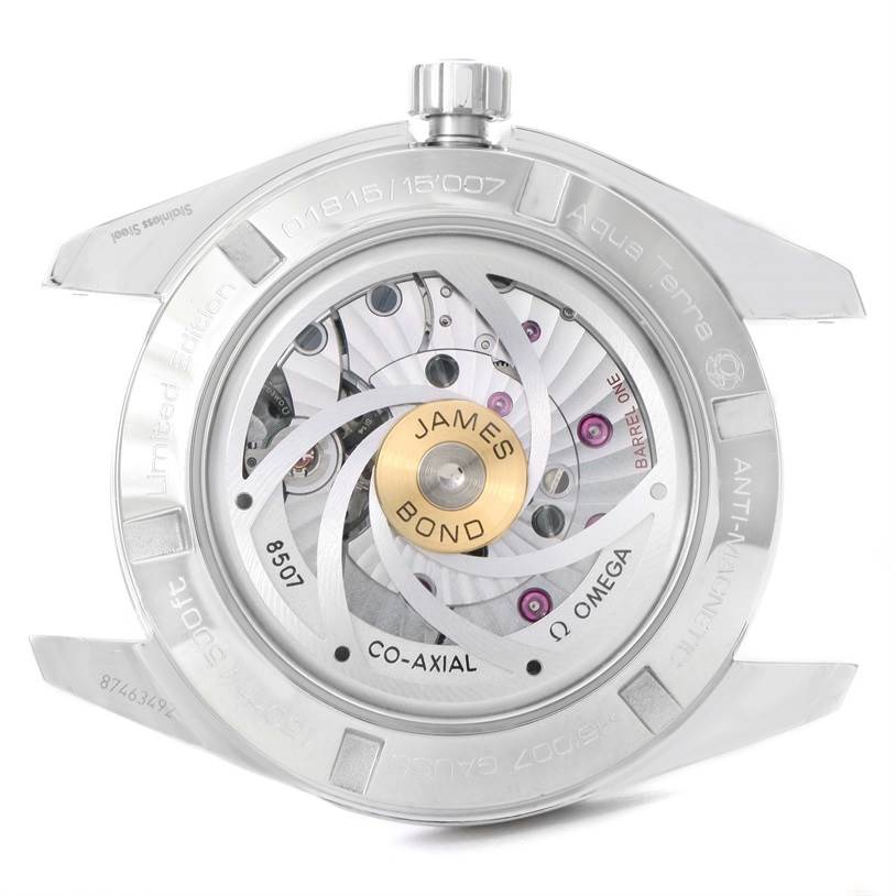 The image shows the back view of an Omega Aqua Terra 231.10.42.21.03.004 Men
s Stainless Steel Blue Dial 231.10.42.21.03.004 Men
s Stainless Steel Blue Dial watch, highlighting its intricate inner mechanisms.