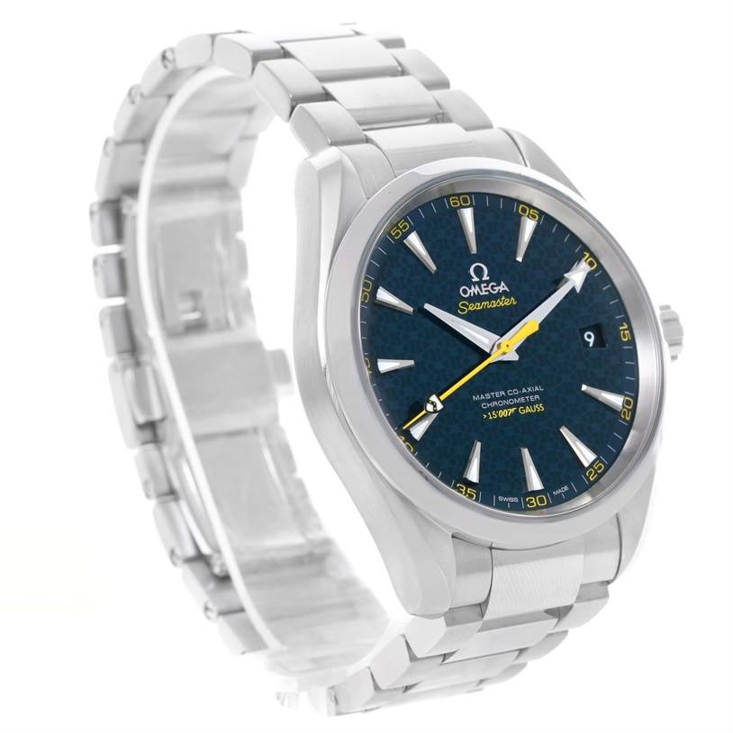 This Omega Aqua Terra 231.10.42.21.03.004 Men
s Stainless Steel Blue Dial 231.10.42.21.03.004 Men
s Stainless Steel Blue Dial watch is shown from a three-quarter angle, displaying the dial, bracelet, and crown.
