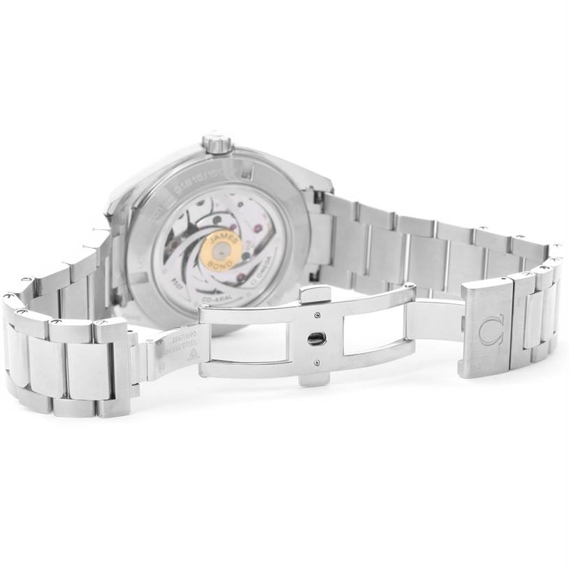 The image shows the Omega Aqua Terra 231.10.42.21.03.004 Men
s Stainless Steel Blue Dial 231.10.42.21.03.004 Men
s Stainless Steel Blue Dial watch from the back, highlighting the movement and the open clasp of the bracelet.