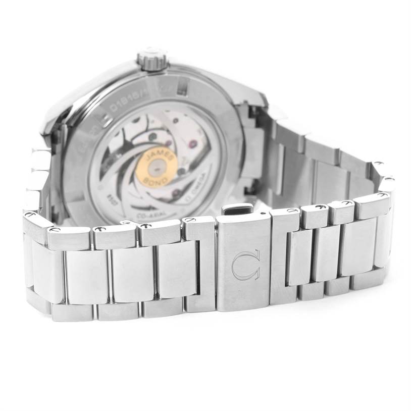 The image shows the back view of the Omega Aqua Terra 231.10.42.21.03.004 Men
s Stainless Steel Blue Dial 231.10.42.21.03.004 Men
s Stainless Steel Blue Dial watch, focusing on the stainless steel bracelet and the exposed movement.