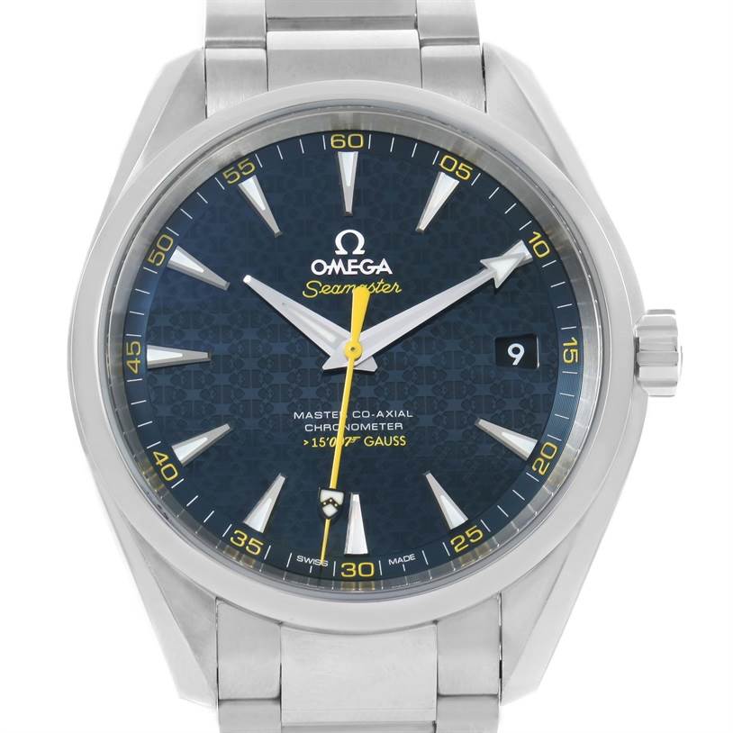 The image shows a front view of the Omega Aqua Terra 231.10.42.21.03.004 Men
s Stainless Steel Blue Dial 231.10.42.21.03.004 Men
s Stainless Steel Blue Dial watch, displaying its face, bezel, and part of its bracelet.