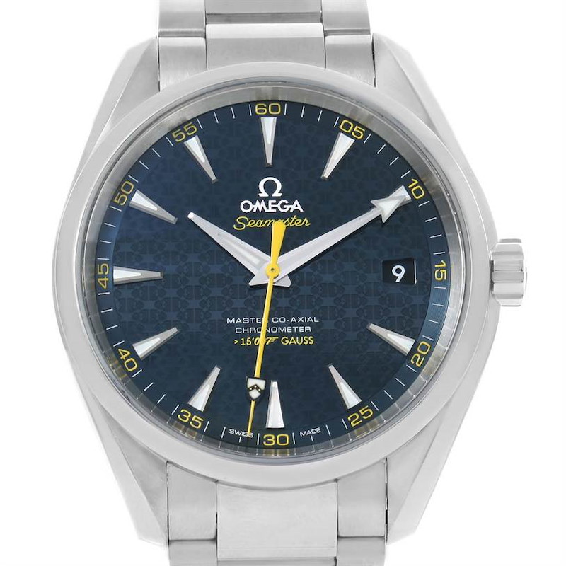 The image shows a front view of the Omega Aqua Terra watch, displaying its face, bezel, and part of its bracelet.