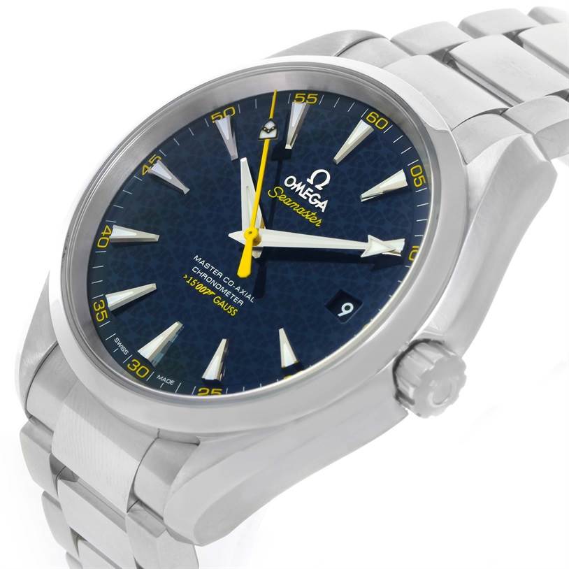 The Omega Aqua Terra 231.10.42.21.03.004 Men
s Stainless Steel Blue Dial 231.10.42.21.03.004 Men
s Stainless Steel Blue Dial watch is shown at a slight angle, highlighting the dial, bezel, case, and part of the bracelet.