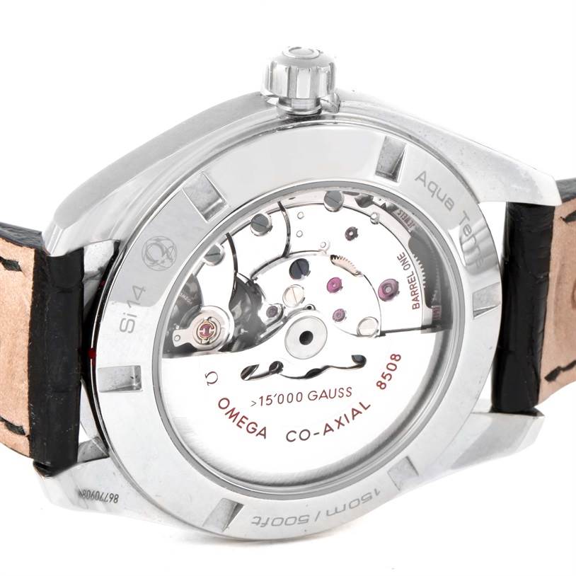 This image shows the back view of the Omega Aqua Terra 231.12.42.21.01.001 Men's Stainless Steel Black Dial 231.12.42.21.01.001 Men's Stainless Steel Black Dial model, highlighting its movement and inner mechanics.