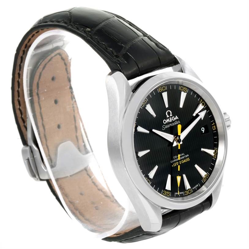 The image shows an Omega Aqua Terra 231.12.42.21.01.001 Men's Stainless Steel Black Dial 231.12.42.21.01.001 Men's Stainless Steel Black Dial model watch at an angled view, displaying the face, bezel, case, crown, and leather strap.