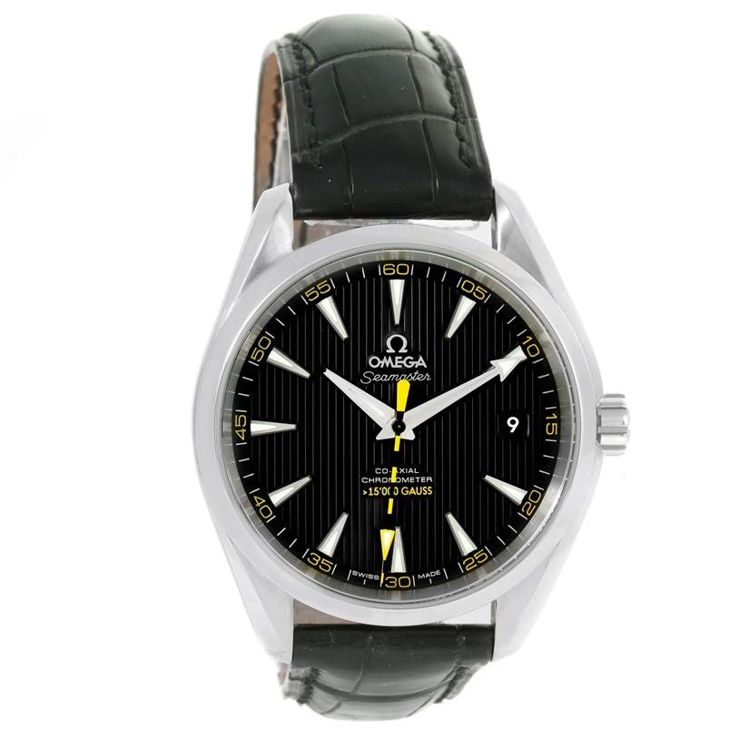 The image shows a front view of an Omega Seamaster Aqua Terra watch with a black dial and a black leather strap.