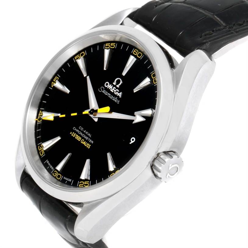 The Omega Aqua Terra 231.12.42.21.01.001 Men's Stainless Steel Black Dial 231.12.42.21.01.001 Men's Stainless Steel Black Dial watch is shown at a three-quarters angle, highlighting its dial, crown, and leather strap.