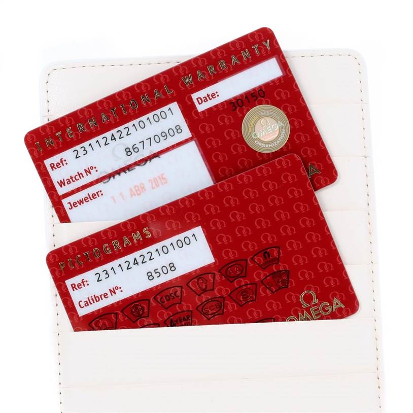 The image shows two red cards, an International Warranty and Pictograms card, for the Omega Aqua Terra 231.12.42.21.01.001 Men's Stainless Steel Black Dial 231.12.42.21.01.001 Men's Stainless Steel Black Dial watch.