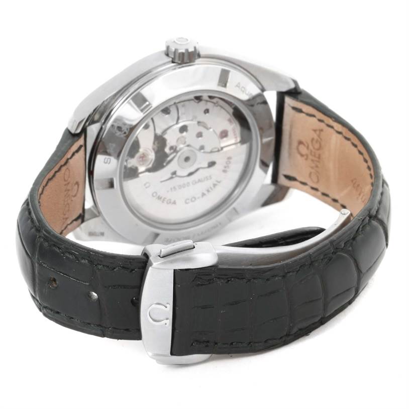 The image shows the back view of the Omega Aqua Terra 231.12.42.21.01.001 Men's Stainless Steel Black Dial 231.12.42.21.01.001 Men's Stainless Steel Black Dial watch, highlighting the movement and leather strap.