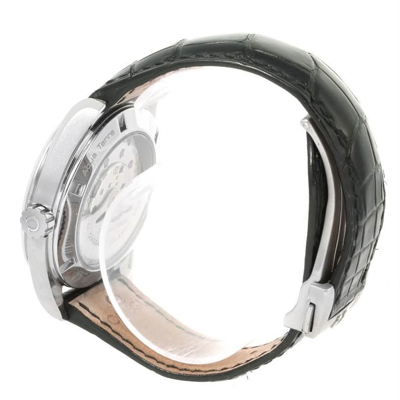 The image shows the side and back view of the Omega Aqua Terra 231.12.42.21.01.001 Men's Stainless Steel Black Dial 231.12.42.21.01.001 Men's Stainless Steel Black Dial watch with its black leather strap, crown, and a clear case back.