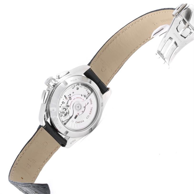 The watch is an Omega Aqua Terra 231.13.43.52.02.001 Men
s Stainless Steel Silver Dial 231.13.43.52.02.001 Men
s Stainless Steel Silver Dial model shown from the back, highlighting the movement and the open leather strap.