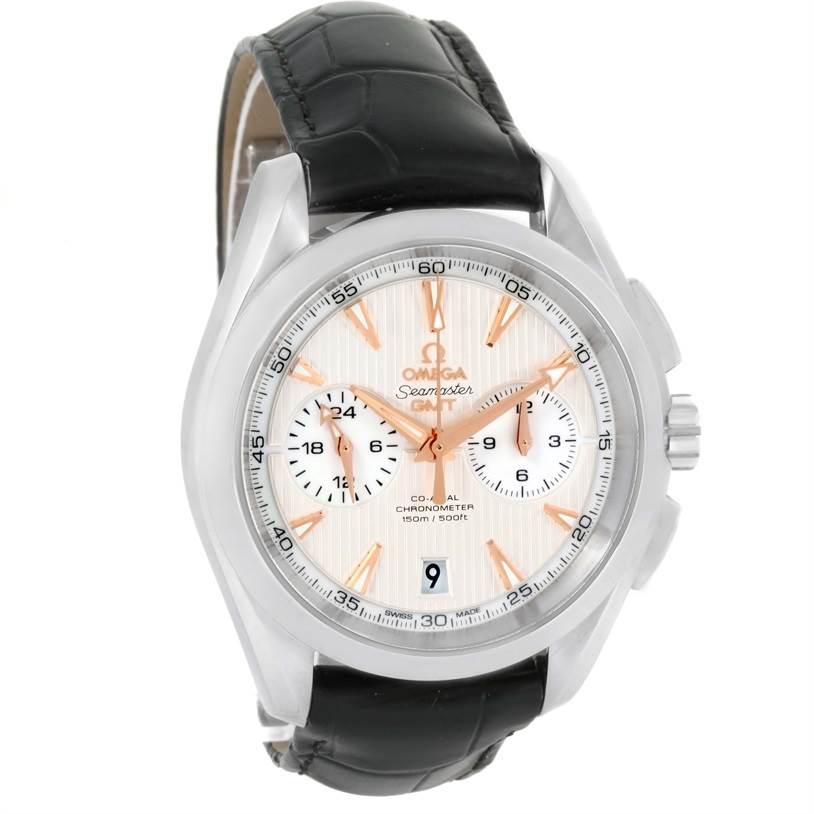 The image shows the front view of an Omega Aqua Terra 231.13.43.52.02.001 Men
s Stainless Steel Silver Dial 231.13.43.52.02.001 Men
s Stainless Steel Silver Dial model watch displaying its face, bezel, and leather strap.