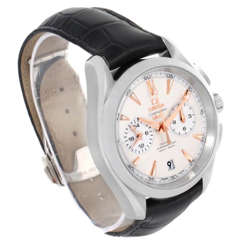 The image shows the Omega Aqua Terra 231.13.43.52.02.001 Men
s Stainless Steel Silver Dial 231.13.43.52.02.001 Men
s Stainless Steel Silver Dial watch angled to display its face, bezel, crown, and black leather strap.