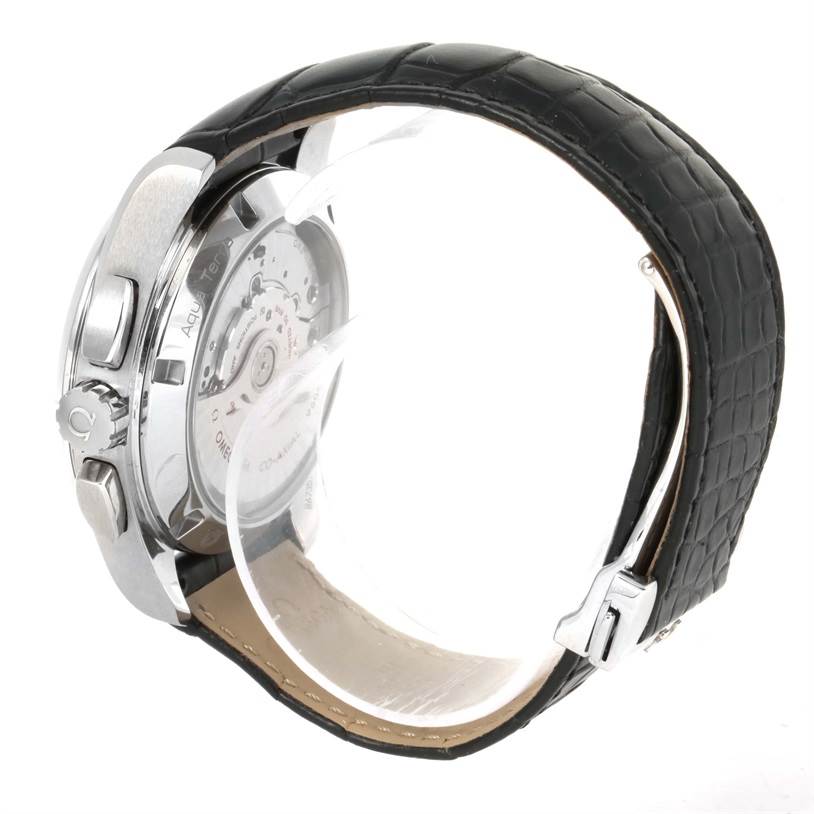 The image shows the side and back of an Omega Aqua Terra 231.13.43.52.02.001 Men
s Stainless Steel Silver Dial 231.13.43.52.02.001 Men
s Stainless Steel Silver Dial watch, highlighting the crown and movement through a transparent case back.