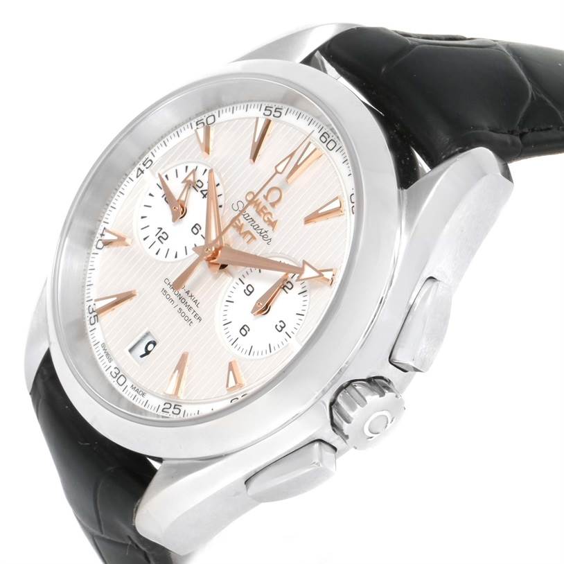 The image shows an Omega Aqua Terra 231.13.43.52.02.001 Men
s Stainless Steel Silver Dial 231.13.43.52.02.001 Men
s Stainless Steel Silver Dial watch from a three-quarter angle, highlighting the dial, crown, and leather strap.