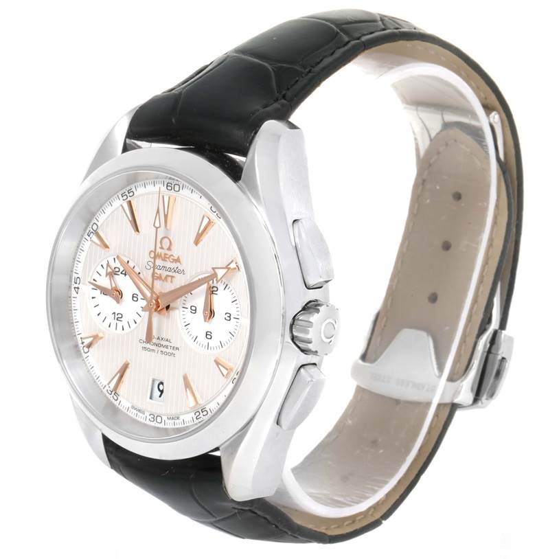 The image shows the front and right side of the Omega Aqua Terra 231.13.43.52.02.001 Men
s Stainless Steel Silver Dial 231.13.43.52.02.001 Men
s Stainless Steel Silver Dial watch with a black leather strap.