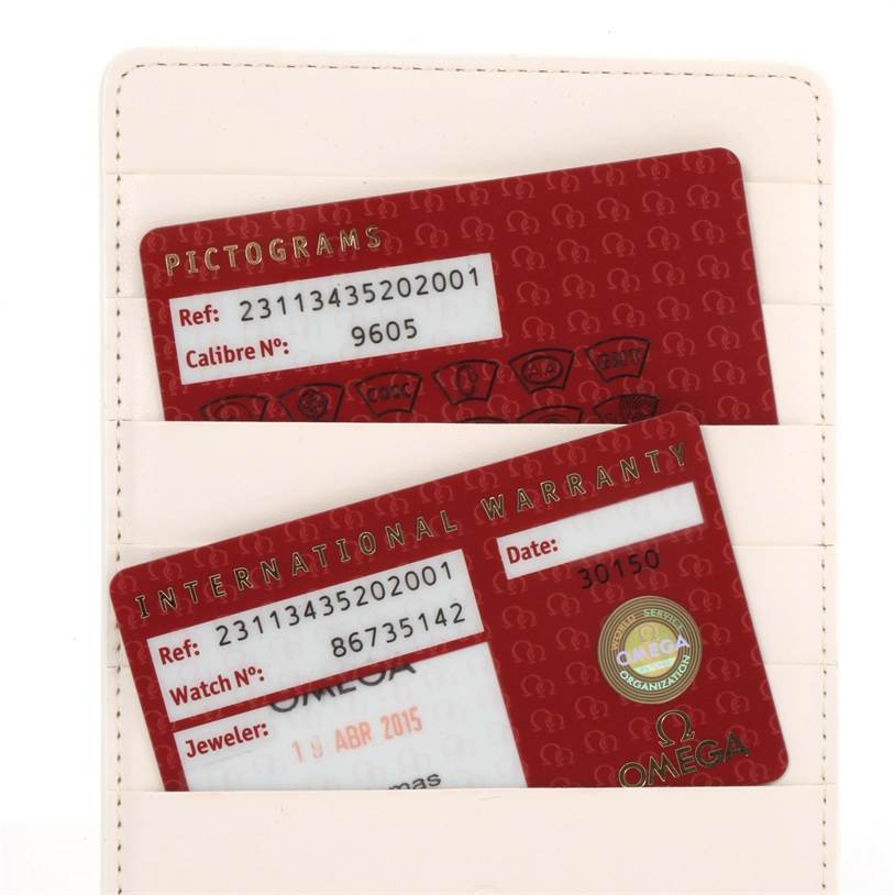 This image shows the warranty and pictogram cards for the Omega Aqua Terra 231.13.43.52.02.001 Men
s Stainless Steel Silver Dial 231.13.43.52.02.001 Men
s Stainless Steel Silver Dial model.