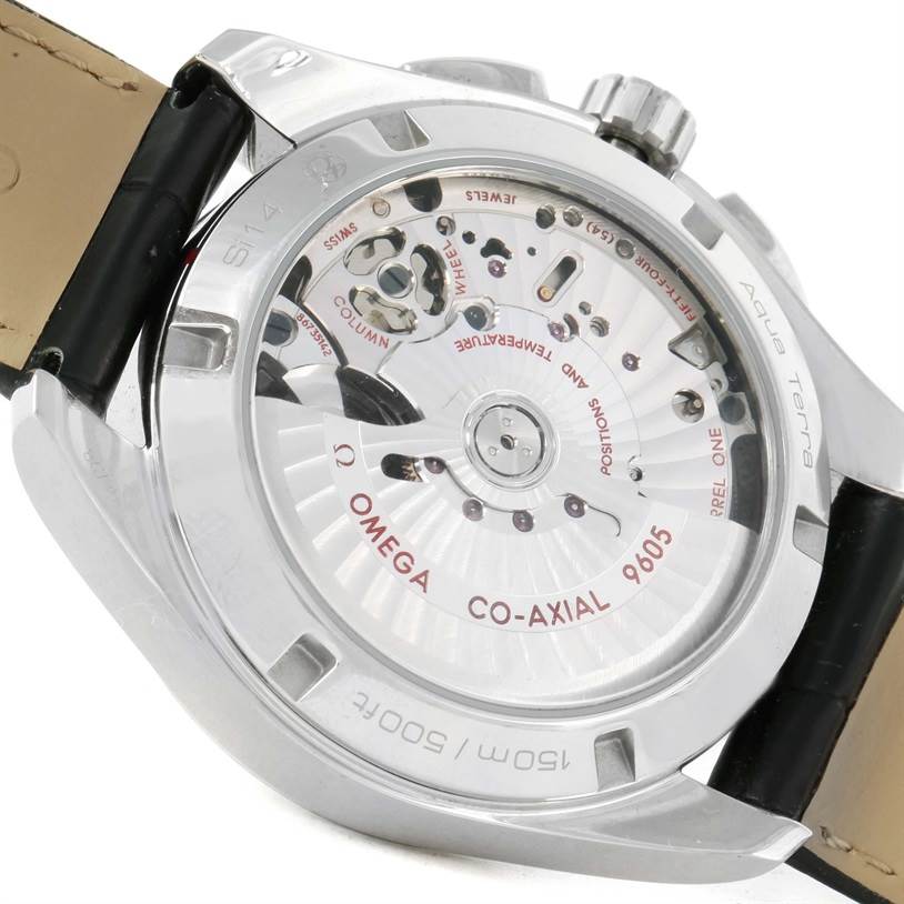 This image shows the back of the Omega Aqua Terra 231.13.43.52.02.001 Men
s Stainless Steel Silver Dial 231.13.43.52.02.001 Men
s Stainless Steel Silver Dial watch, highlighting the movement and internal mechanisms.