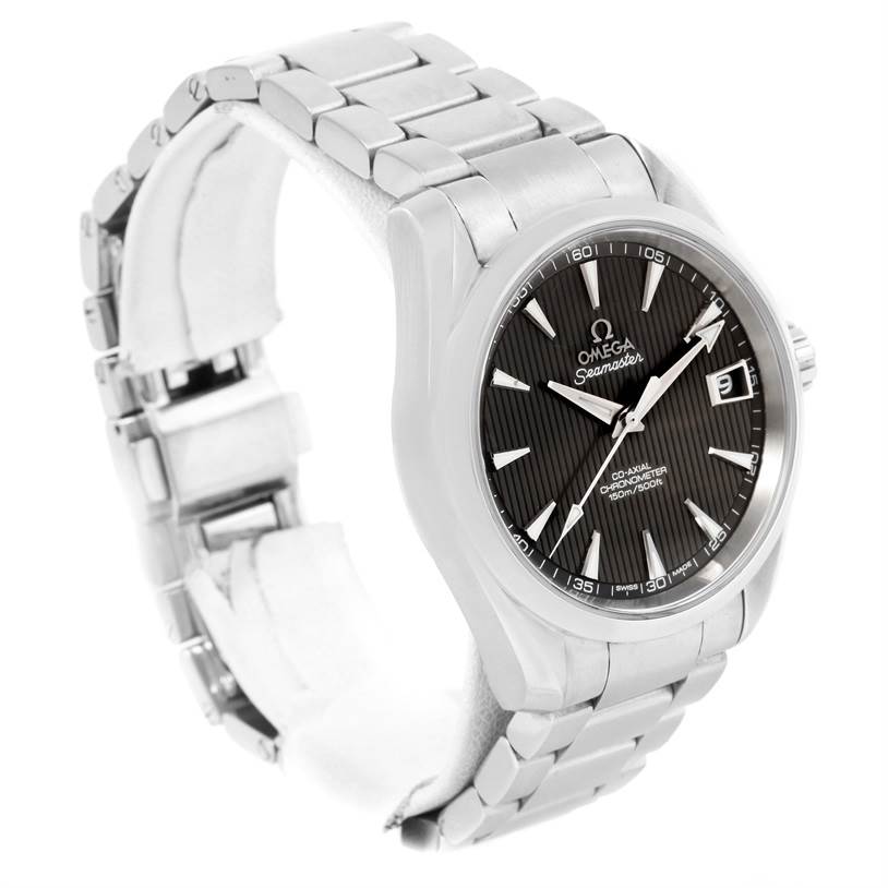 The Omega Aqua Terra 231.10.39.21.06.001 Men
s Stainless Steel Grey Dial 231.10.39.21.06.001 Men
s Stainless Steel Grey Dial watch is shown from a three-quarter side angle, revealing the face, case, crown, and stainless steel bracelet.