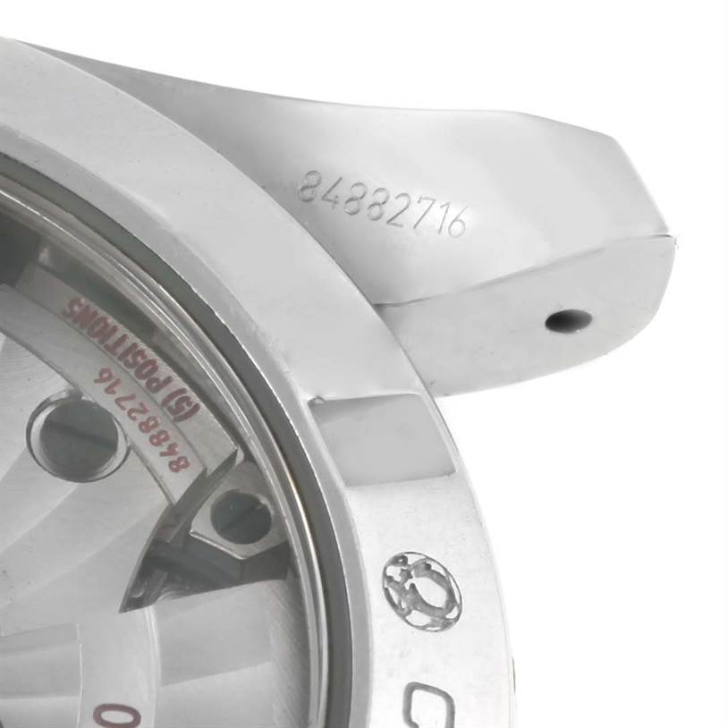 The image shows a close-up angle of the Omega Aqua Terra 231.10.39.21.06.001 Men
s Stainless Steel Grey Dial 231.10.39.21.06.001 Men
s Stainless Steel Grey Dial watch, focusing on the caseback and part of the strap lug.