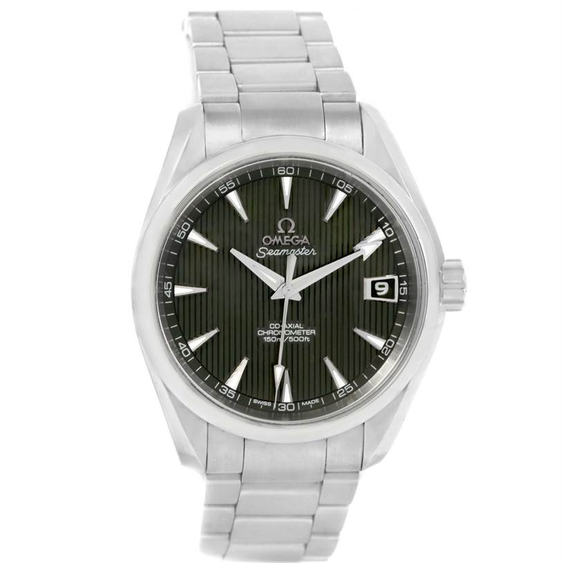 The image shows a front view of the Omega Aqua Terra 231.10.39.21.06.001 Men
s Stainless Steel Grey Dial 231.10.39.21.06.001 Men
s Stainless Steel Grey Dial watch, displaying its face, bezel, and bracelet.