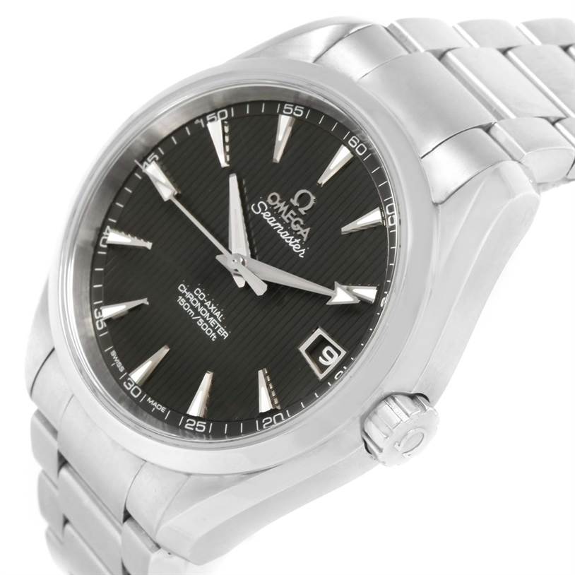 The image shows a close-up angle of the Omega Aqua Terra 231.10.39.21.06.001 Men
s Stainless Steel Grey Dial 231.10.39.21.06.001 Men
s Stainless Steel Grey Dial watch, highlighting the dial, hour markers, date window, and part of the bracelet.