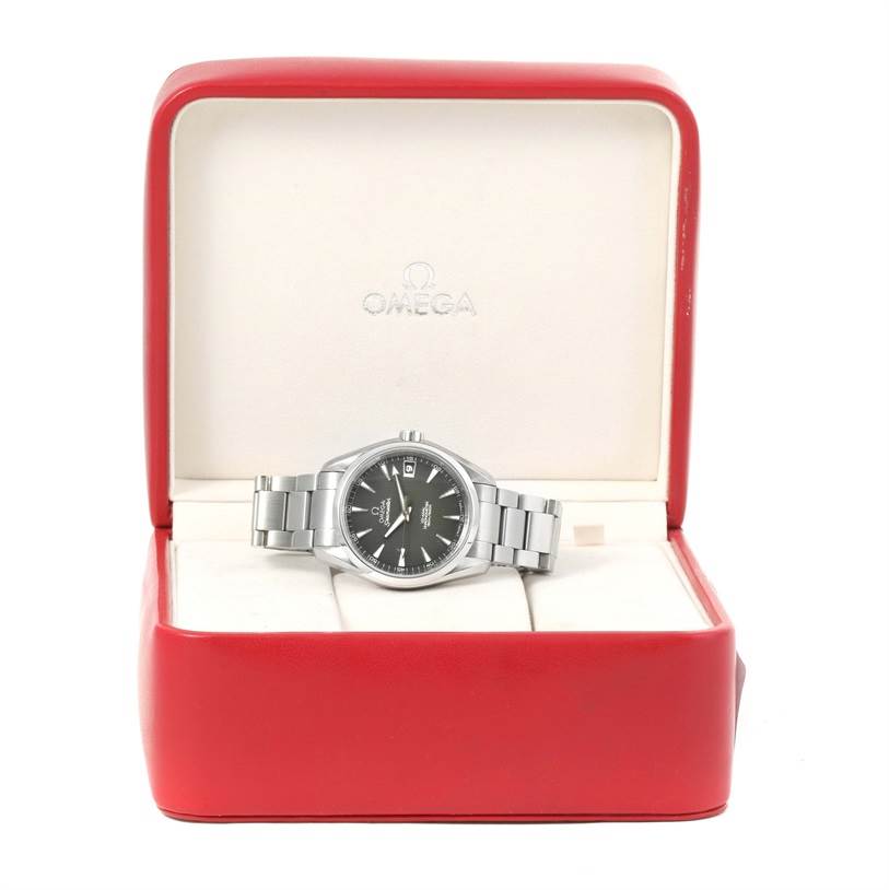 The image shows an Omega Aqua Terra 231.10.39.21.06.001 Men
s Stainless Steel Grey Dial 231.10.39.21.06.001 Men
s Stainless Steel Grey Dial watch displayed front-facing in an open red box.