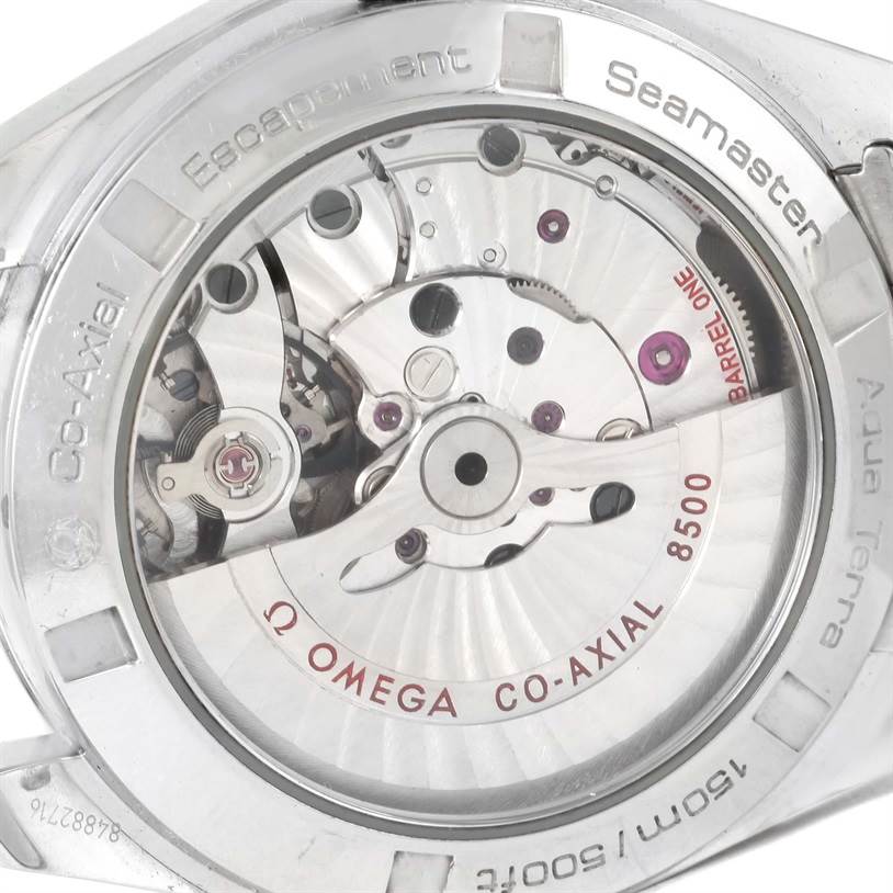 The image shows the back view of the Omega Aqua Terra 231.10.39.21.06.001 Men
s Stainless Steel Grey Dial 231.10.39.21.06.001 Men
s Stainless Steel Grey Dial watch, revealing its Co-Axial 8500 movement through a transparent case back.