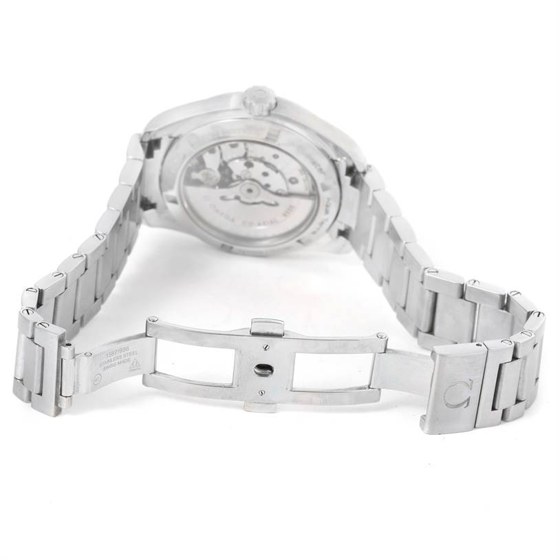 The image shows the back view of an Omega Aqua Terra 231.10.39.21.06.001 Men
s Stainless Steel Grey Dial 231.10.39.21.06.001 Men
s Stainless Steel Grey Dial watch, highlighting its open clasp and transparent case back.