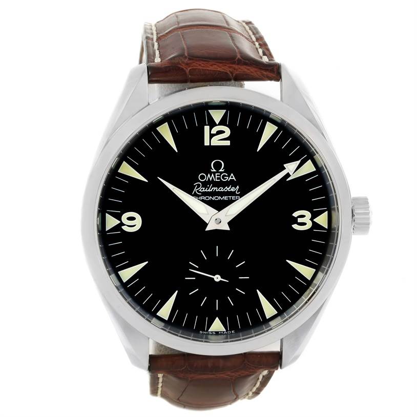 The Omega Aqua Terra 2806.52.37 Men
s Stainless Steel Black Dial 2806.52.37 Men
s Stainless Steel Black Dial Railmaster watch is shown from a front angle, displaying its dial, hands, and part of its brown leather strap.