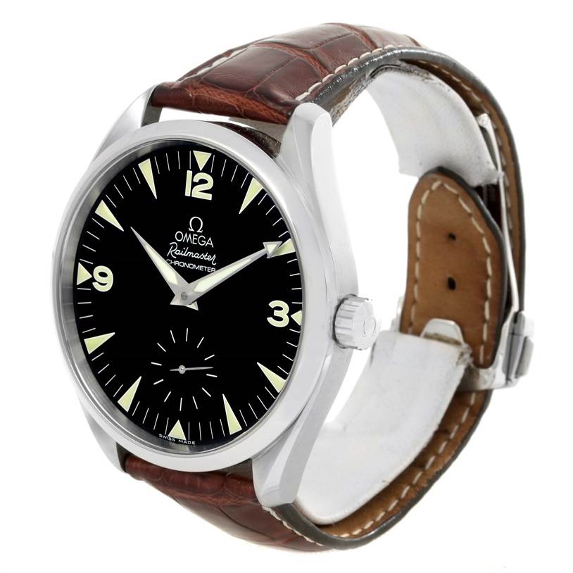 The Omega Aqua Terra 2806.52.37 Men
s Stainless Steel Black Dial 2806.52.37 Men
s Stainless Steel Black Dial watch is shown at an angled side view, highlighting the face, bezel, crown, and leather strap.