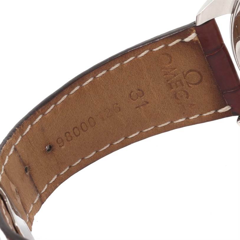 This image shows the underside of the leather strap of an Omega Aqua Terra 2806.52.37 Men
s Stainless Steel Black Dial 2806.52.37 Men
s Stainless Steel Black Dial watch, featuring the Omega branding.