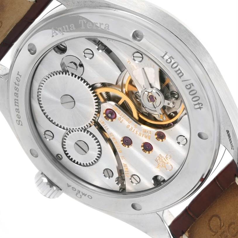 This image shows the back of the Omega Aqua Terra 2806.52.37 Men
s Stainless Steel Black Dial 2806.52.37 Men
s Stainless Steel Black Dial watch, showcasing the intricate mechanical movement inside the case.