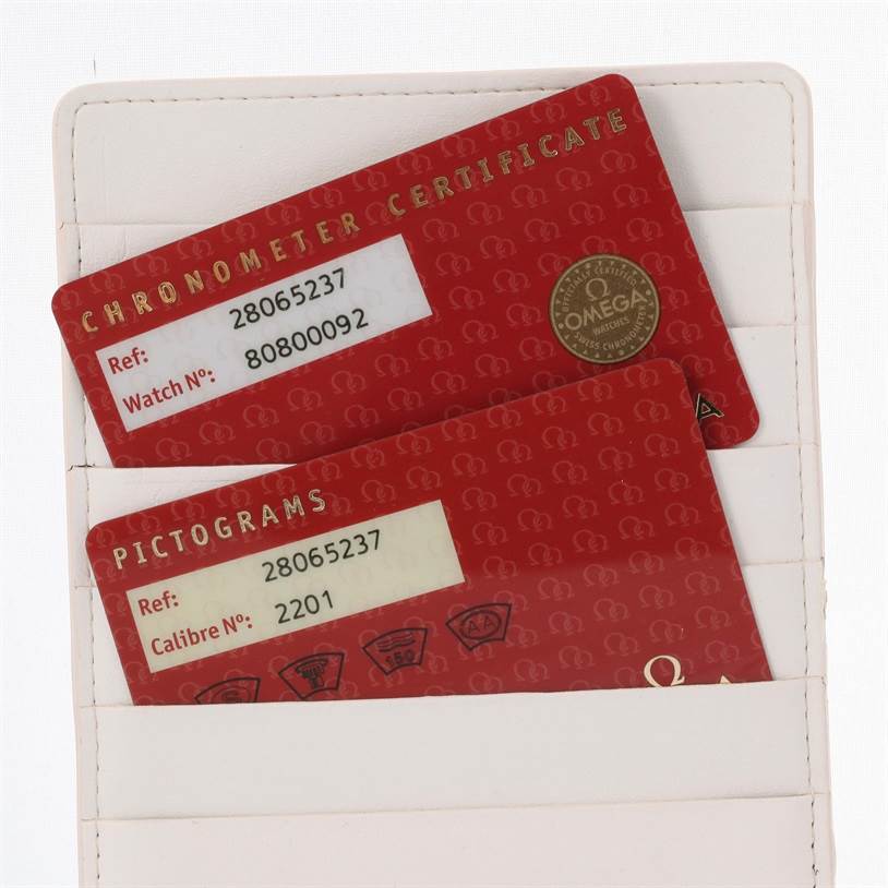 The image shows the Chronometer Certificate and Pictograms card for the Omega Aqua Terra 2806.52.37 Men
s Stainless Steel Black Dial 2806.52.37 Men
s Stainless Steel Black Dial watch.